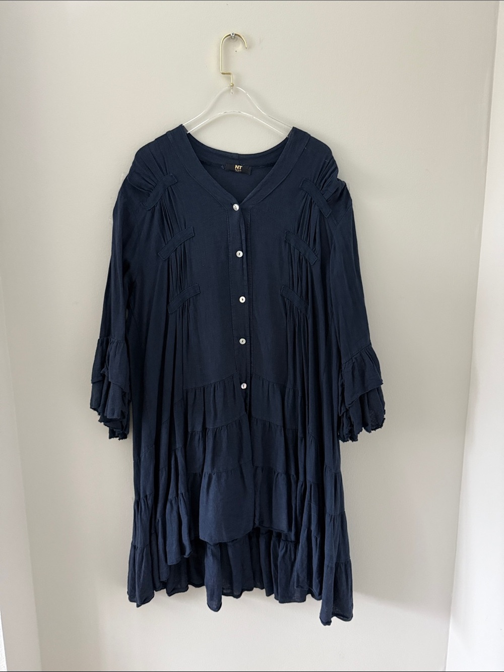Navy Tiered Button-Front Dress